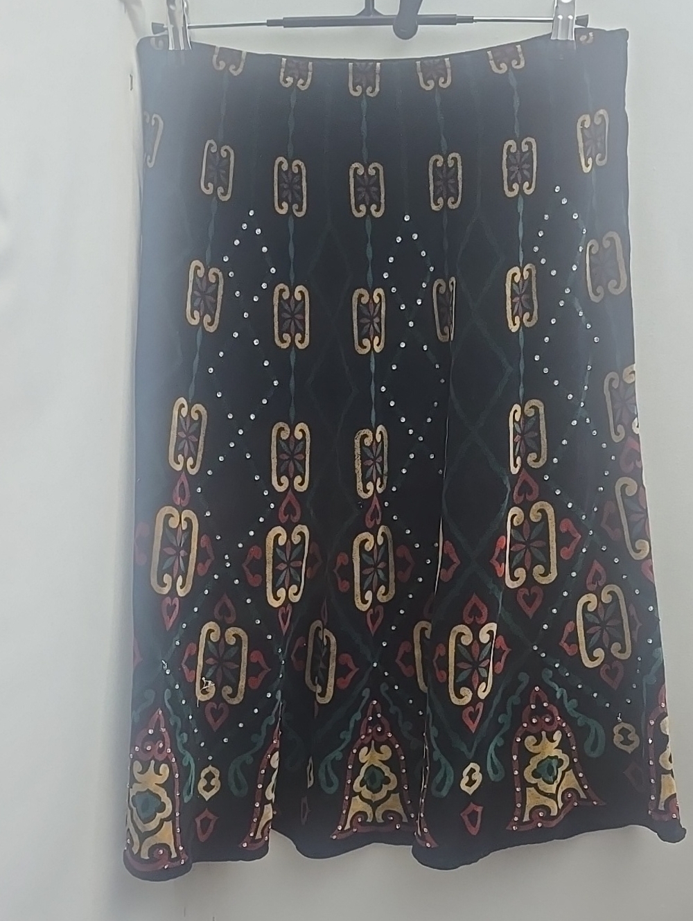 Ami Black A-Line Skirt with Gold and Teal Motifs